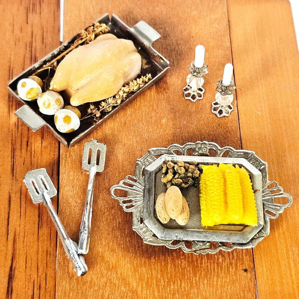 Vintage Dollhouse Miniature Thanksgiving Holiday Dinner Turkey Corn Candlesticks